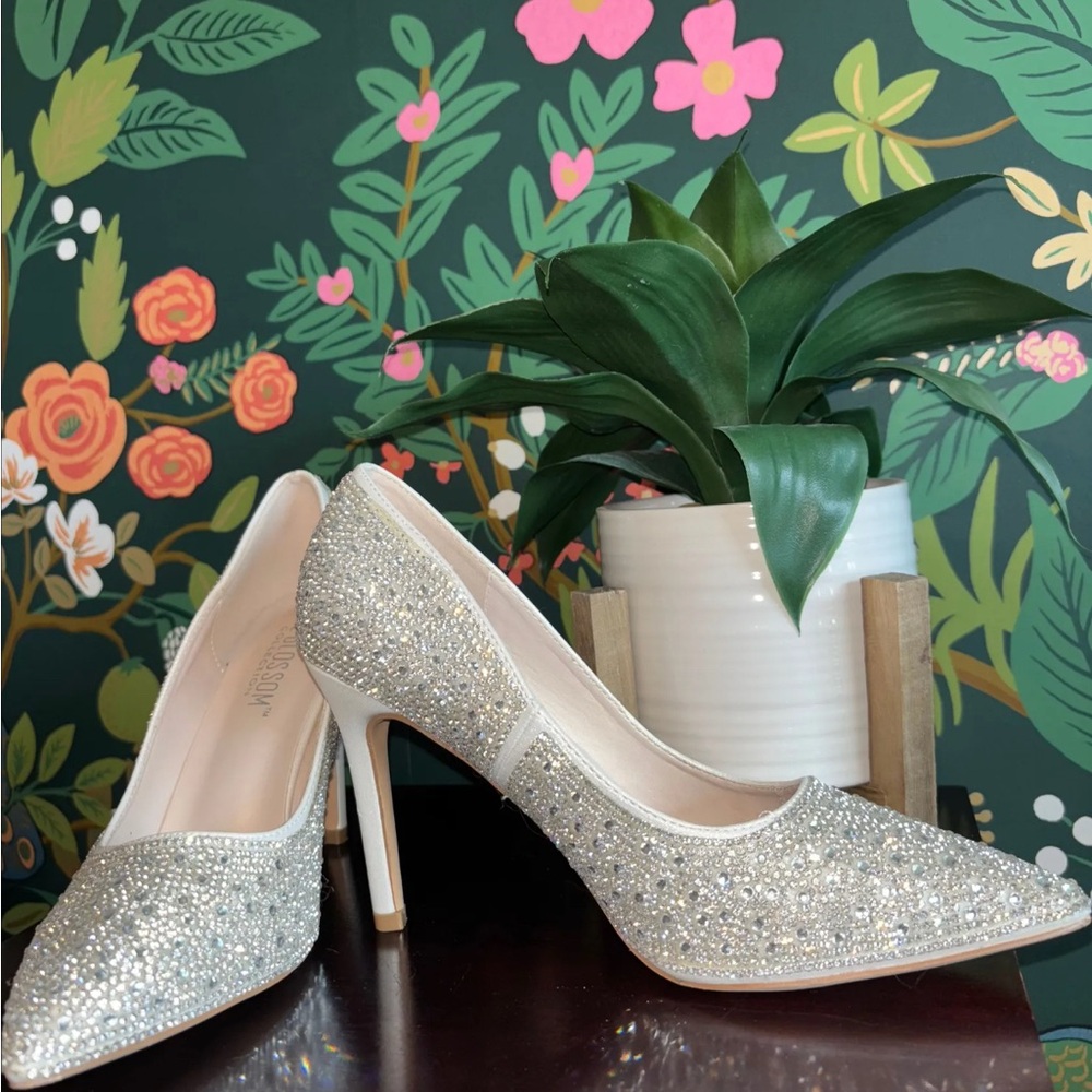 David's Bridal Silver Sparkly Heels with Rhinestone Embellishments